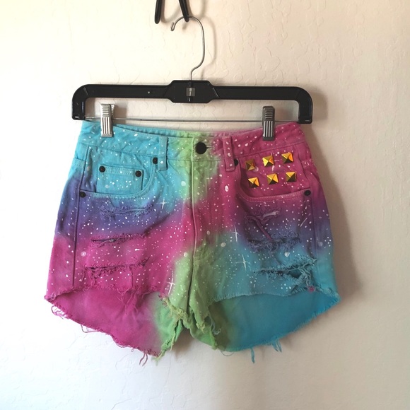 custom vintage distressed neon shorts rave dkny rainbow pride galaxy